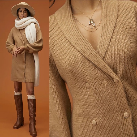 NWT Anthropologie Flat White Puff-Sleeved Sweater Tunic Dress - Picture 2 of 9